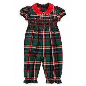 NEW Claire & Charlie Girls Green Plaid Hand Smocked Holiday Longall Jumpsuit 18M